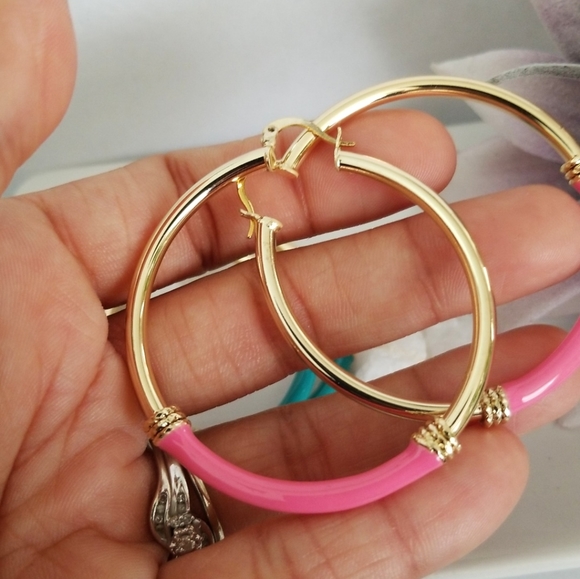 18k Goldplated Pink and Turquoise hoops Earrings. NECKLE FREE - Picture 4 of 4